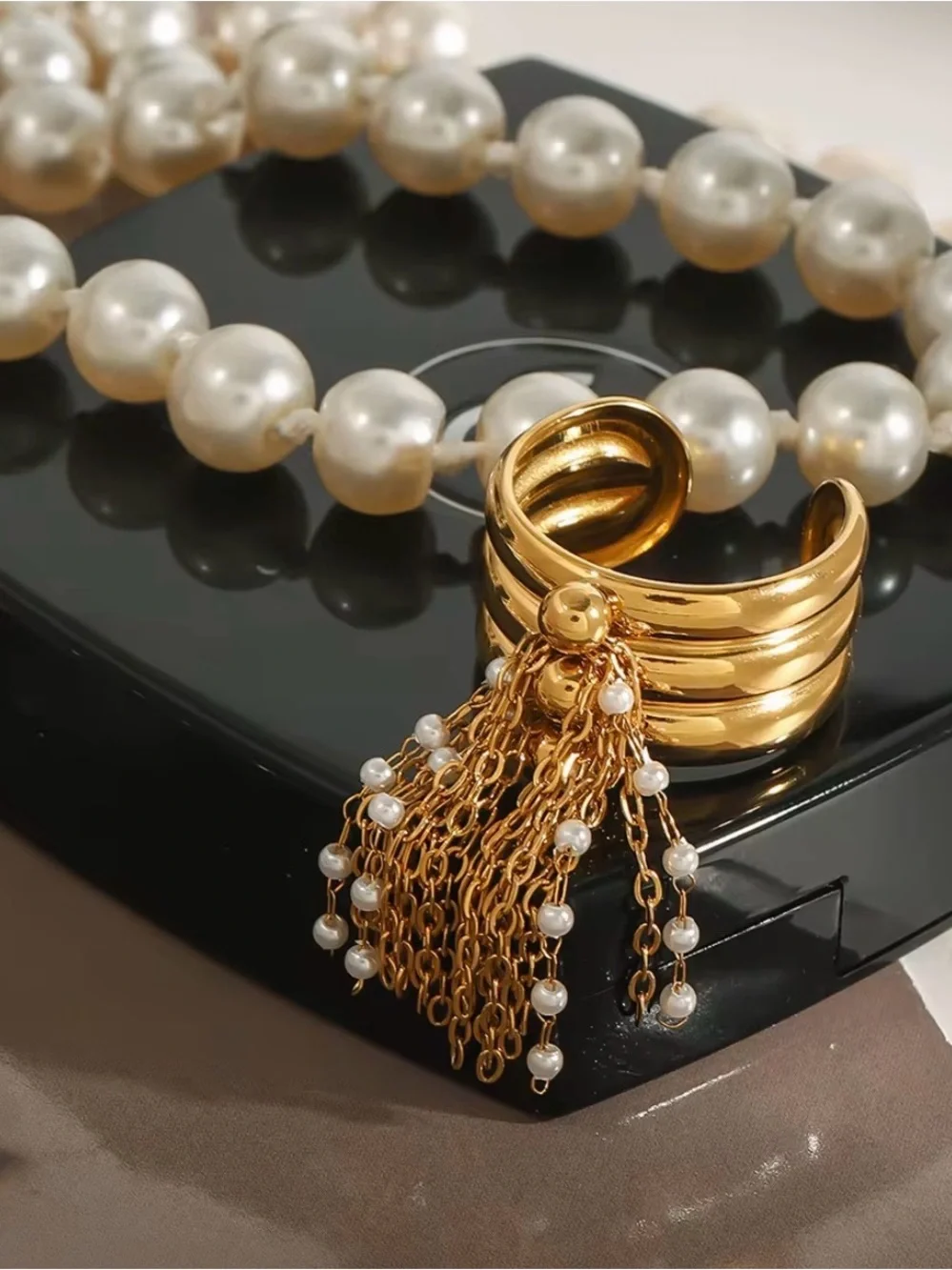 Gold-Tone Tassel Pearl Drop Ring - Women Jewelry
